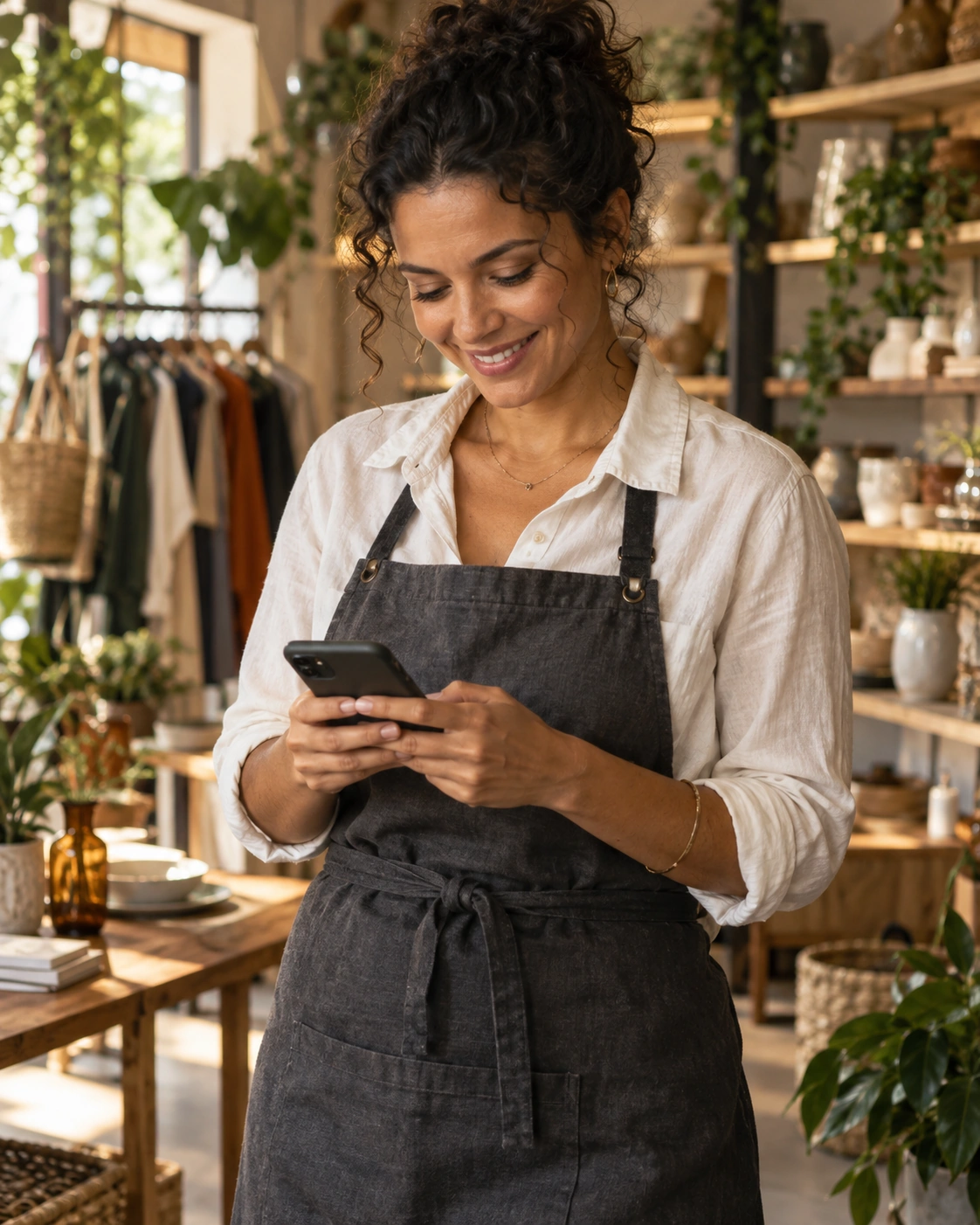 Comerciante atendendo pelo celular em sua loja.