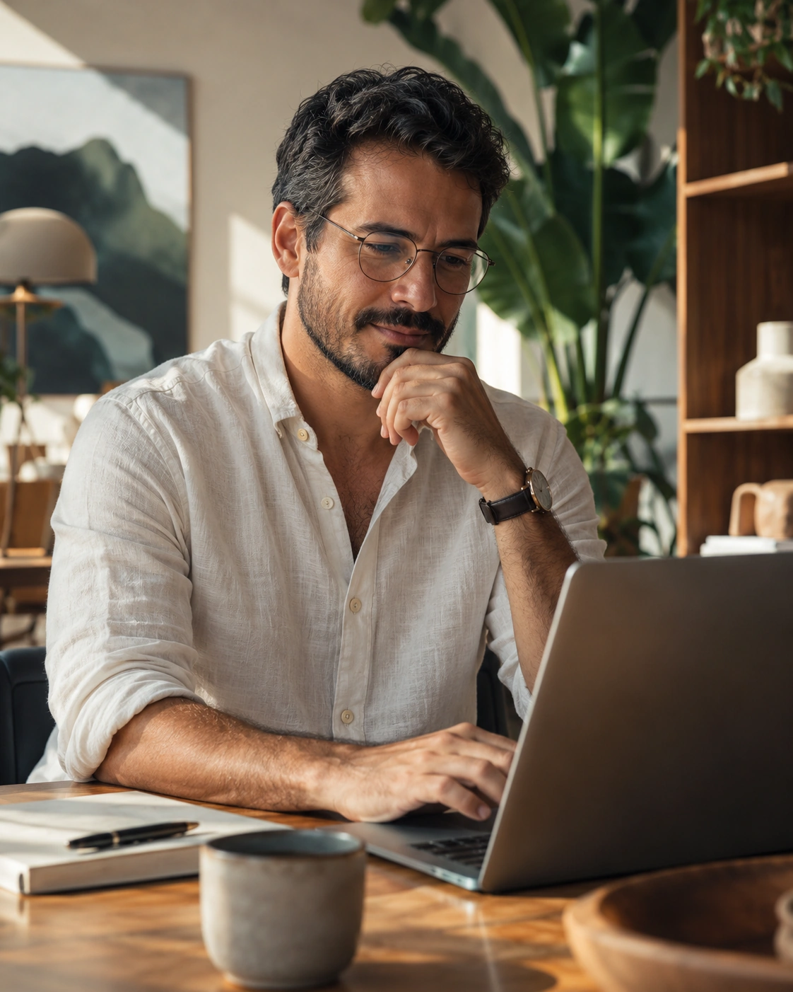 Profissional de serviços acompanhando uma solicitação no notebook.